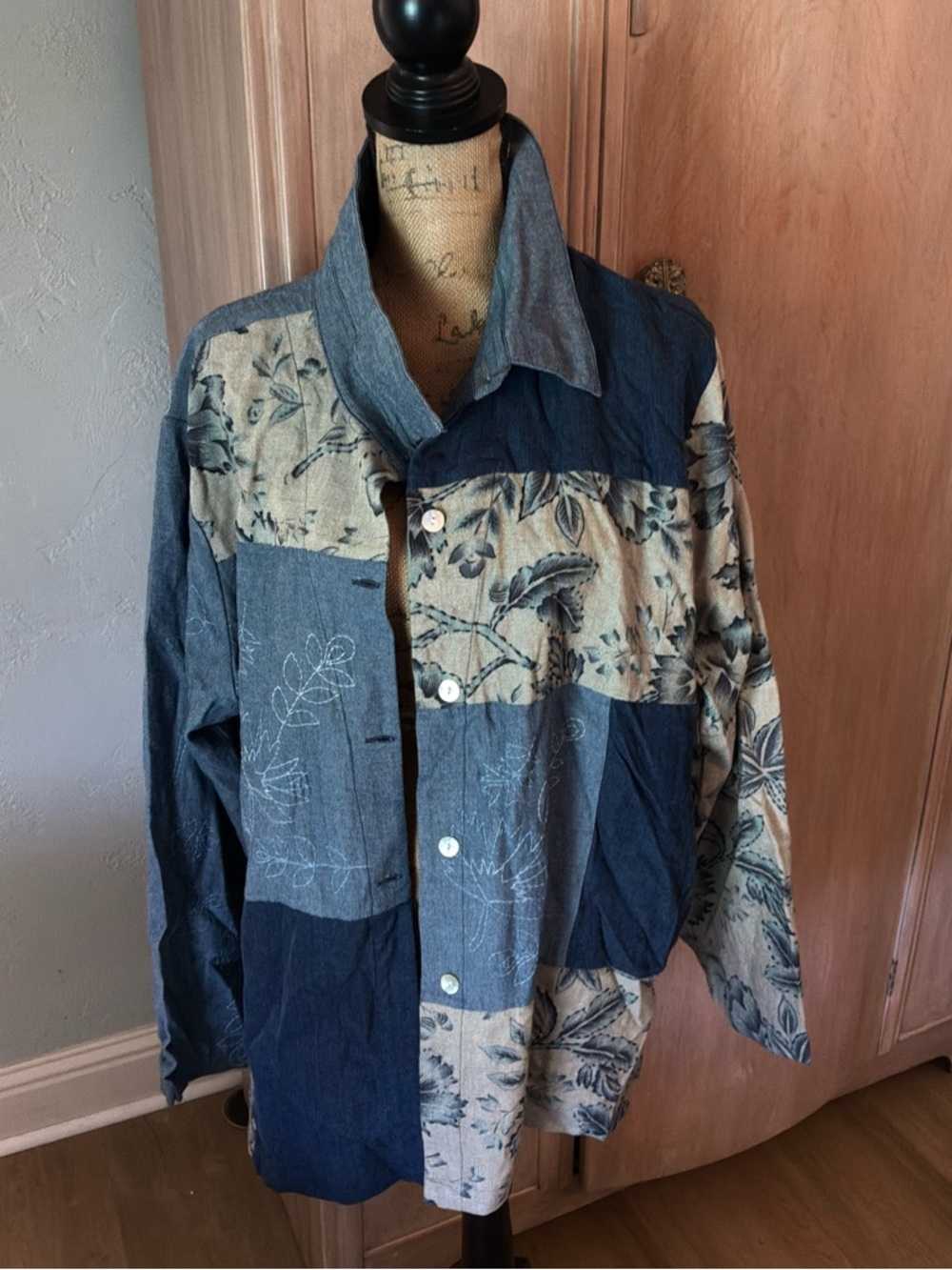 French Laundry Blue Chambray Embroidered Patchwork Blazer Jacket boho plus 2X